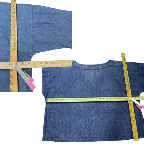 GENE Ewing Bis Wrinkled Rich Denim Top Blue Boatneck Lagenlook USA M Vintage 80s - Picture 4 of 5
